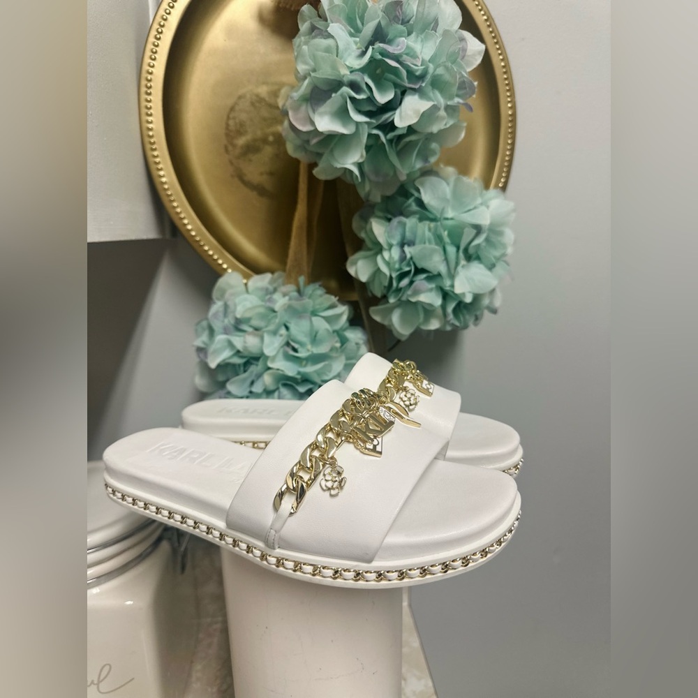 Karl Lagerfeld White Sandals with Gold Accents